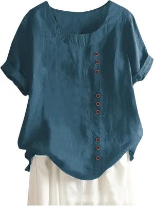 Womens Floral Print Linen Short Sleeve T Shirts Summer Dressy Casual Oversized Blouse Top V Neck Loose Tshirt