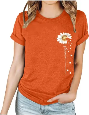 Womens Floral Print T-Shirt Short Sleeve Crew Neck Summer Tops Casual Loose Fit Basic Tee Shirts 2025 Trendy Clothes