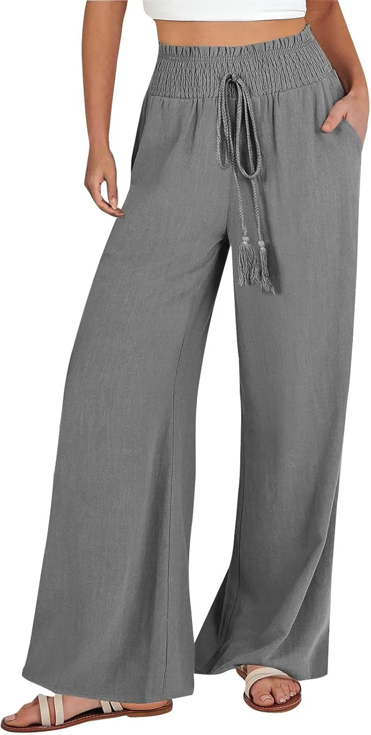 Women's Flowy Linen Pants Casual Wide Leg Pants Comfy Baggy High Waisted Palazzo Pants Beach Pants with Pockets