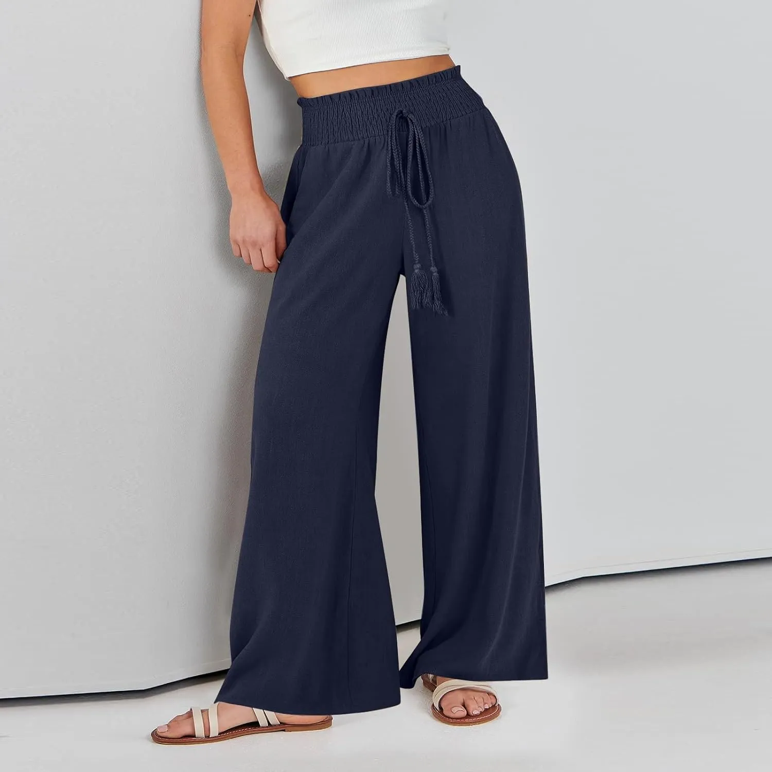 Women's Flowy Linen Pants Casual Wide Leg Pants Comfy Baggy High Waisted Palazzo Pants Beach Pants with Pockets