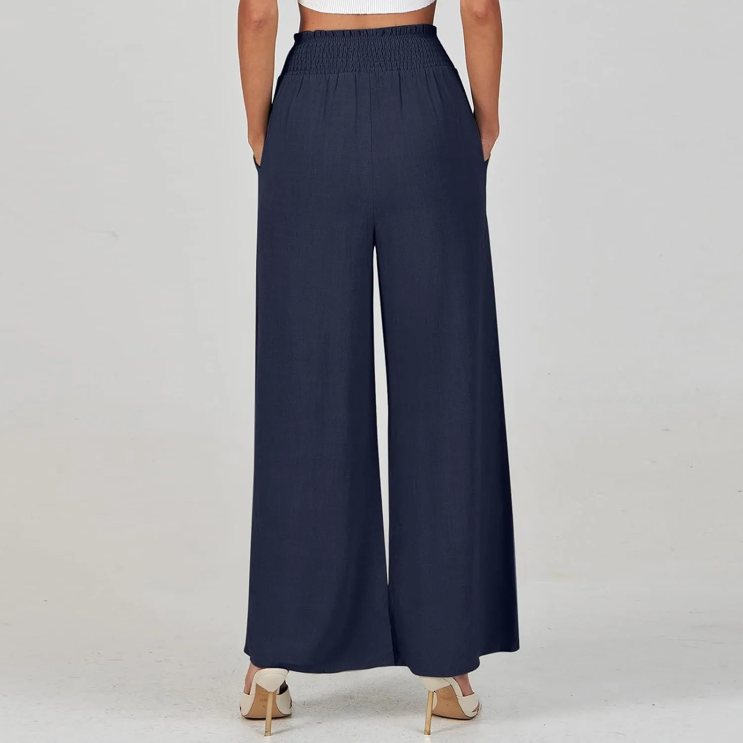 Women's Flowy Linen Pants Casual Wide Leg Pants Comfy Baggy High Waisted Palazzo Pants Beach Pants with Pockets