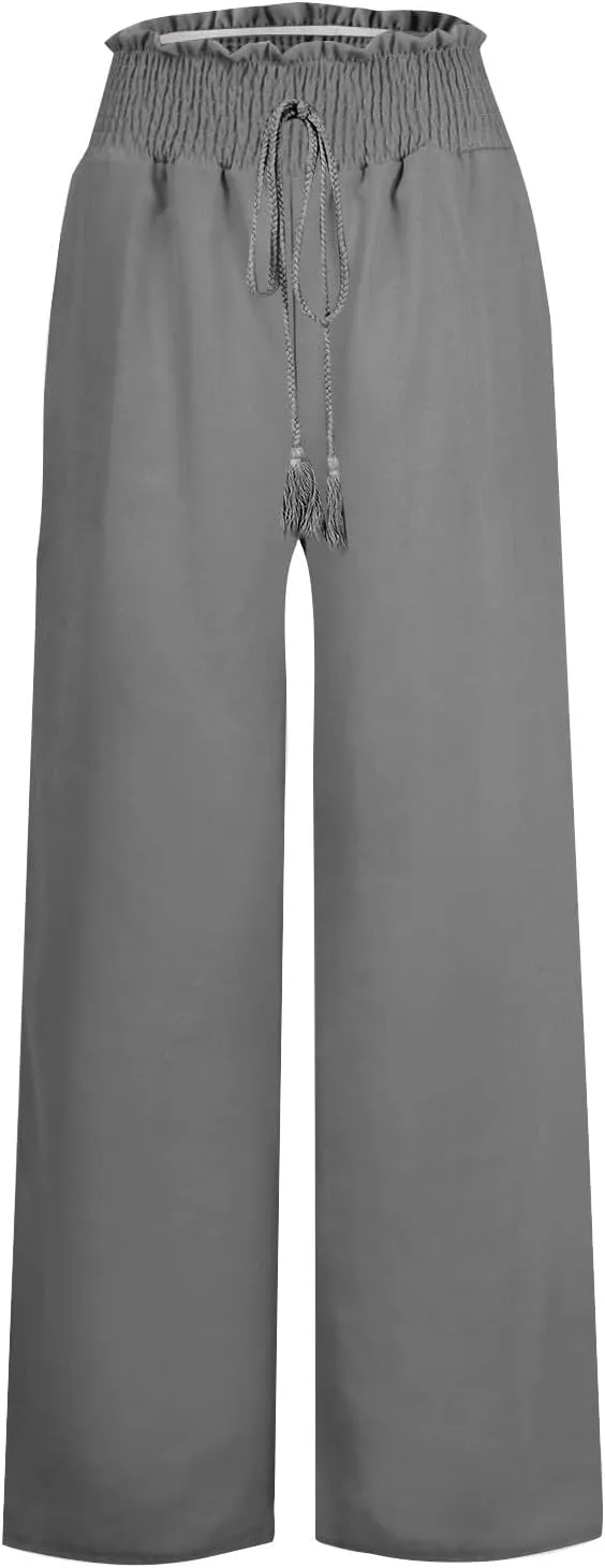Women's Flowy Linen Pants Casual Wide Leg Pants Comfy Baggy High Waisted Palazzo Pants Beach Pants with Pockets