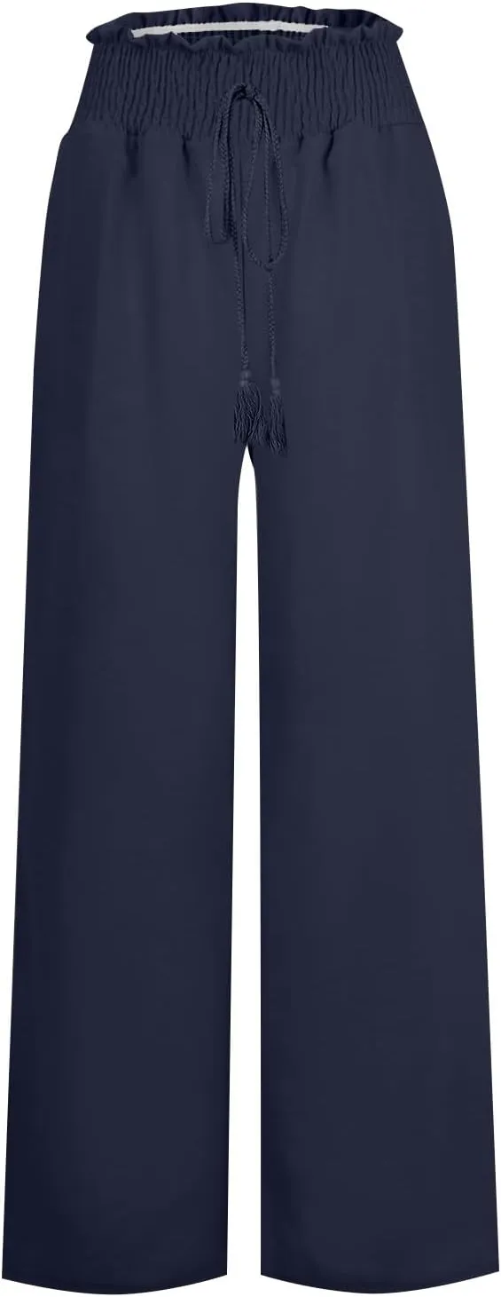Women's Flowy Linen Pants Casual Wide Leg Pants Comfy Baggy High Waisted Palazzo Pants Beach Pants with Pockets
