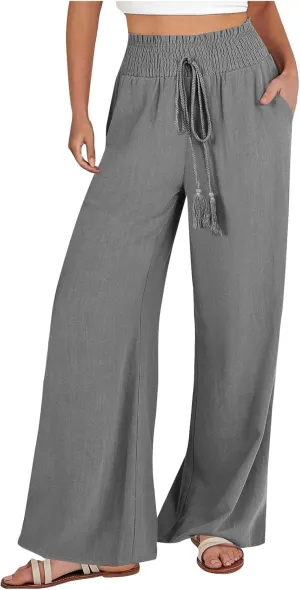 Women's Flowy Linen Pants Casual Wide Leg Pants Comfy Baggy High Waisted Palazzo Pants Beach Pants with Pockets