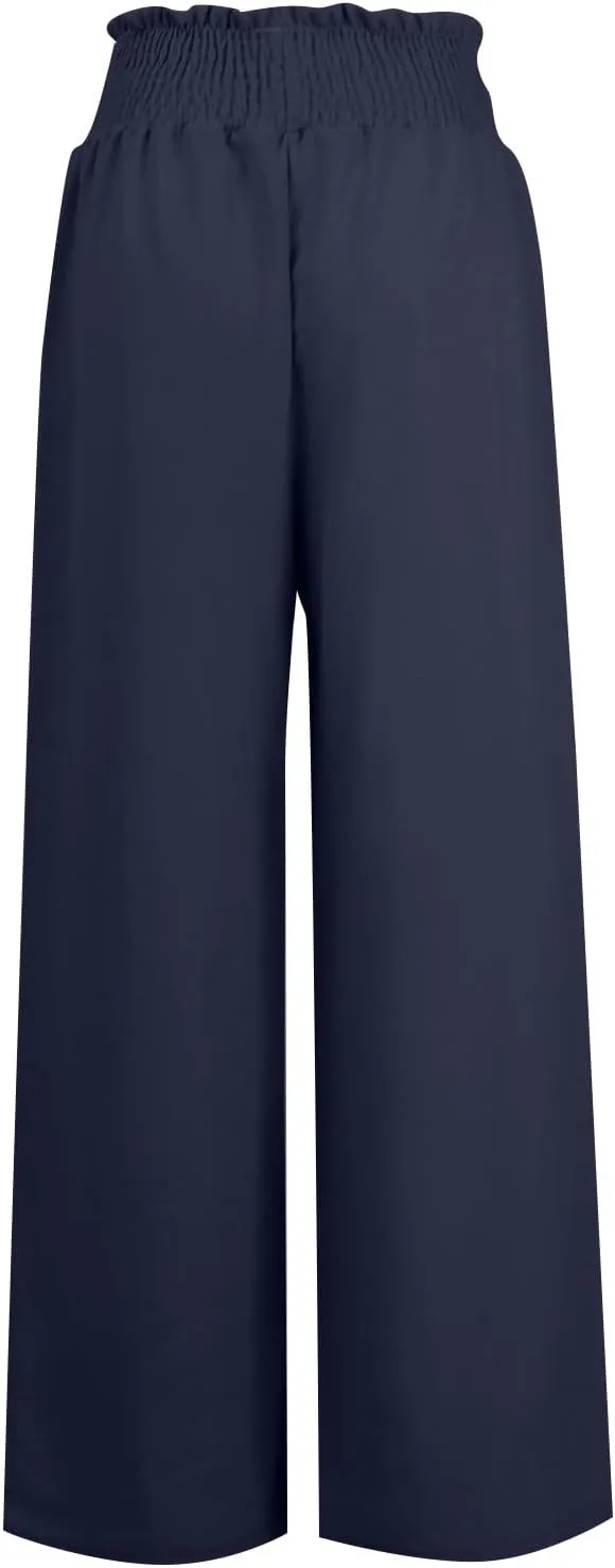 Women's Flowy Linen Pants Casual Wide Leg Pants Comfy Baggy High Waisted Palazzo Pants Beach Pants with Pockets