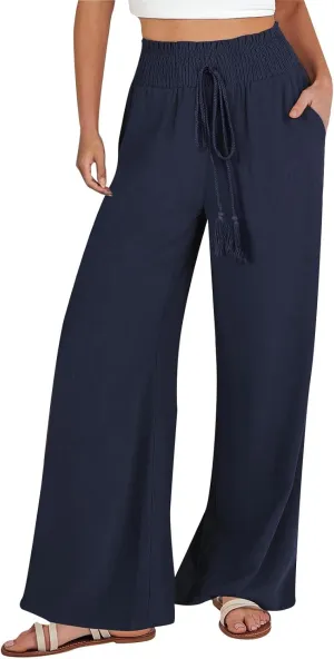 Women's Flowy Linen Pants Casual Wide Leg Pants Comfy Baggy High Waisted Palazzo Pants Beach Pants with Pockets