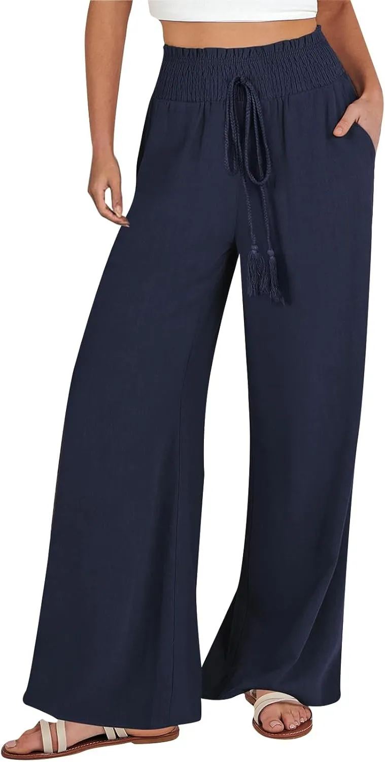 Women's Flowy Linen Pants Casual Wide Leg Pants Comfy Baggy High Waisted Palazzo Pants Beach Pants with Pockets