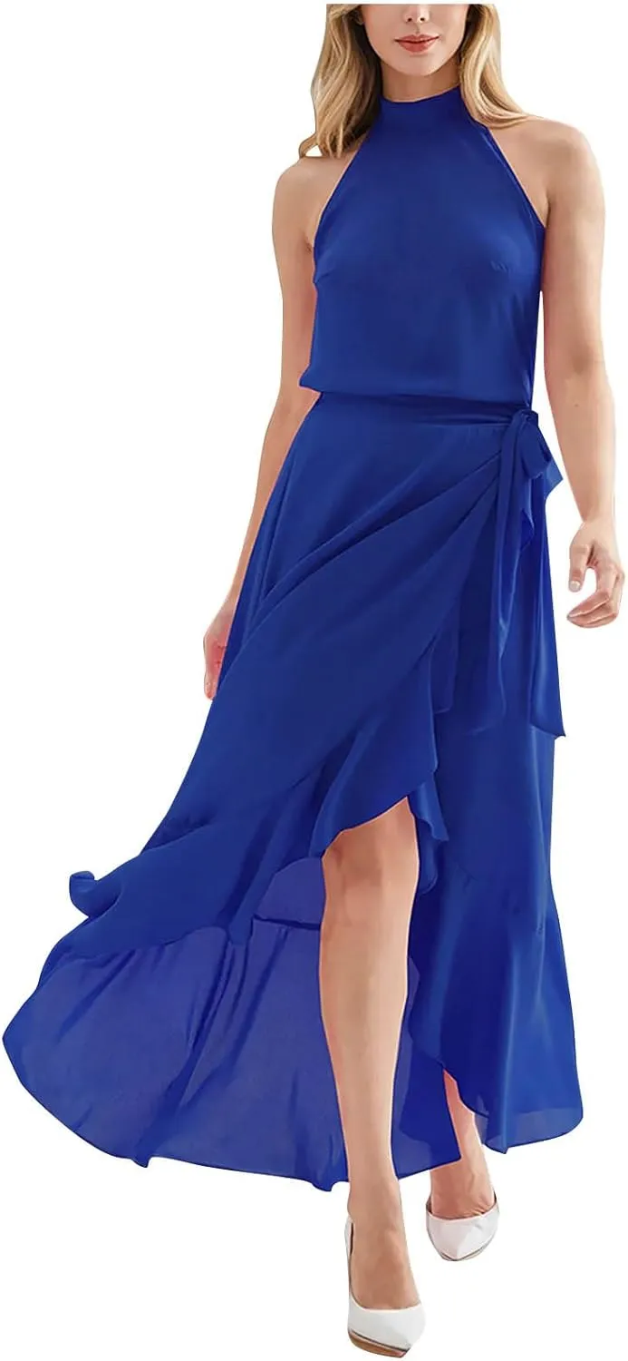 Women's High Neck Ruffle Hem Split Bodycon Mermaid Evening Cocktail Long Dress Summer Sleeveless Flowy Swing Dresses