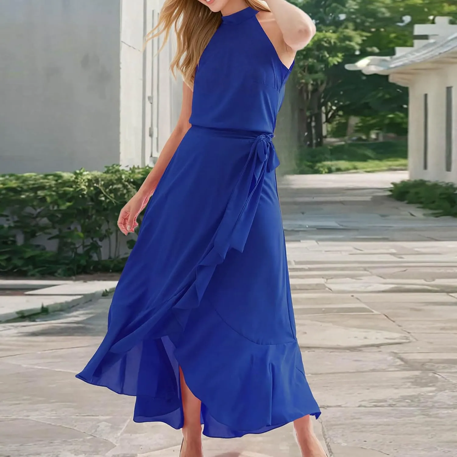 Women's High Neck Ruffle Hem Split Bodycon Mermaid Evening Cocktail Long Dress Summer Sleeveless Flowy Swing Dresses