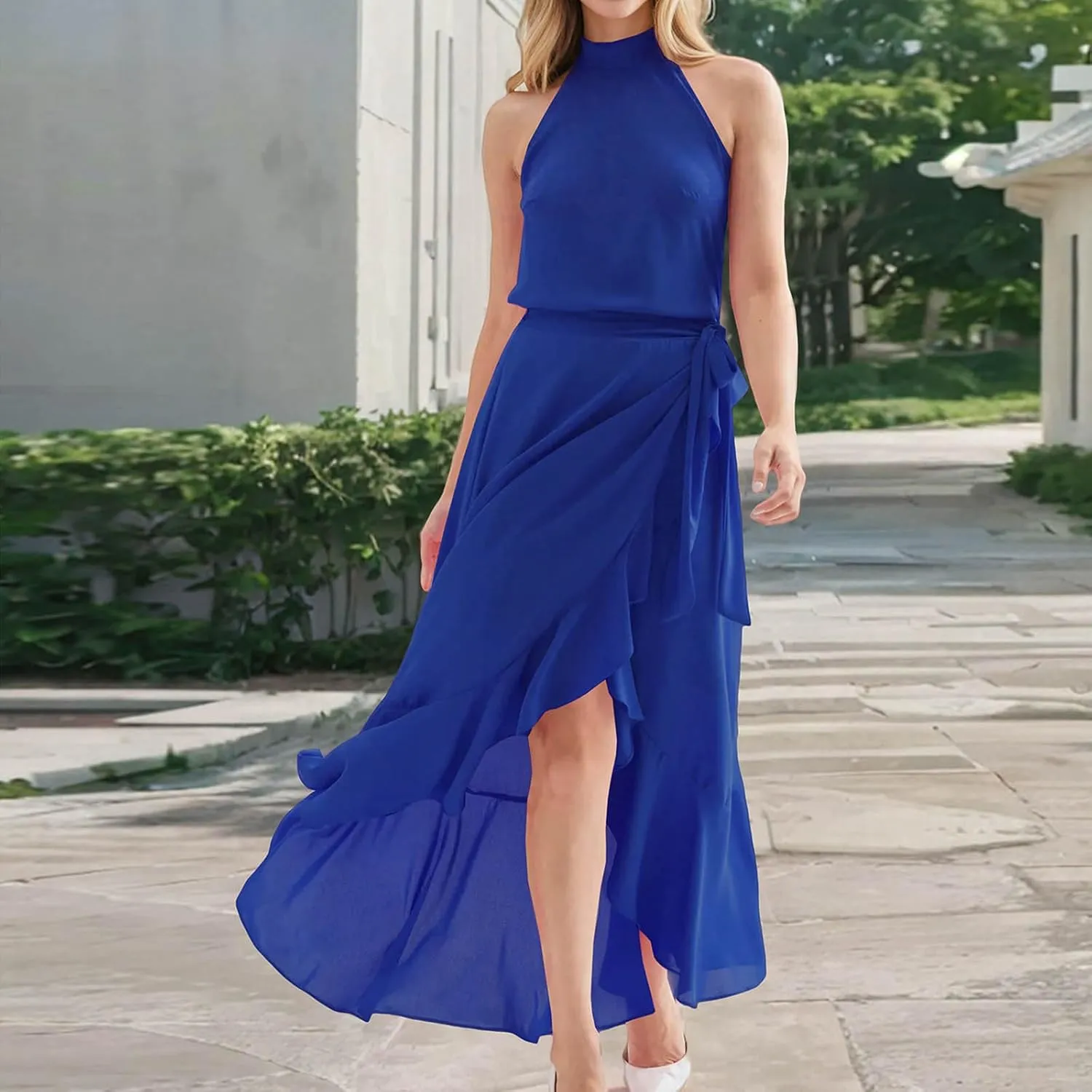 Women's High Neck Ruffle Hem Split Bodycon Mermaid Evening Cocktail Long Dress Summer Sleeveless Flowy Swing Dresses
