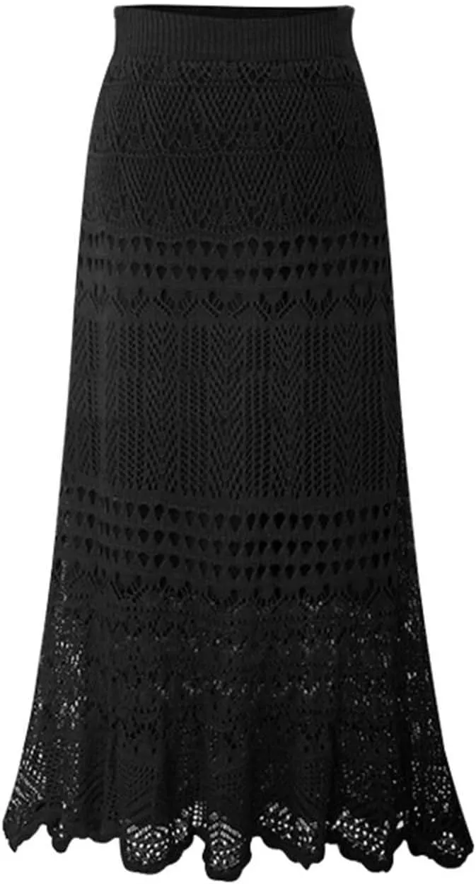 Women's High Waist Crochet Skirt Summer Beach Hollow Out Knit Patterned Lace Skirt Plus Size Stretch Bodycon Maxi Skirt