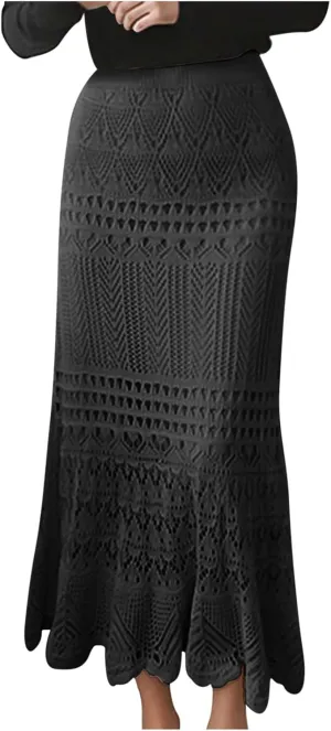 Women's High Waist Crochet Skirt Summer Beach Hollow Out Knit Patterned Lace Skirt Plus Size Stretch Bodycon Maxi Skirt