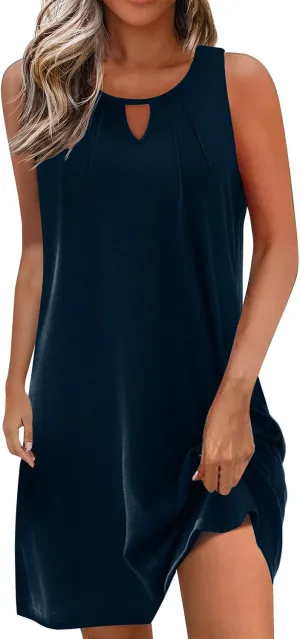 Womens Keyhole T-Shirt Dress Sleeveless Summer Trendy Pleated Front Crewneck Cut Out Casual Mini Sun Dresses