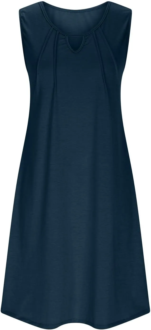 Womens Keyhole T-Shirt Dress Sleeveless Summer Trendy Pleated Front Crewneck Cut Out Casual Mini Sun Dresses