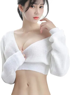 Women's Knitted Sweater Deep V-Neck Long Sleeve Sexy Loose Comfortable Pullover Short Sweater Lightweight Crop Top T-Shirt