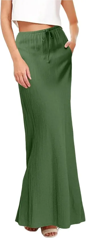 Womens Linen Maxi Skirts Drawstring Low Waist A Line Casual Skirt Cute Vacation Long Flowy Cotton Outfits with Back Slit