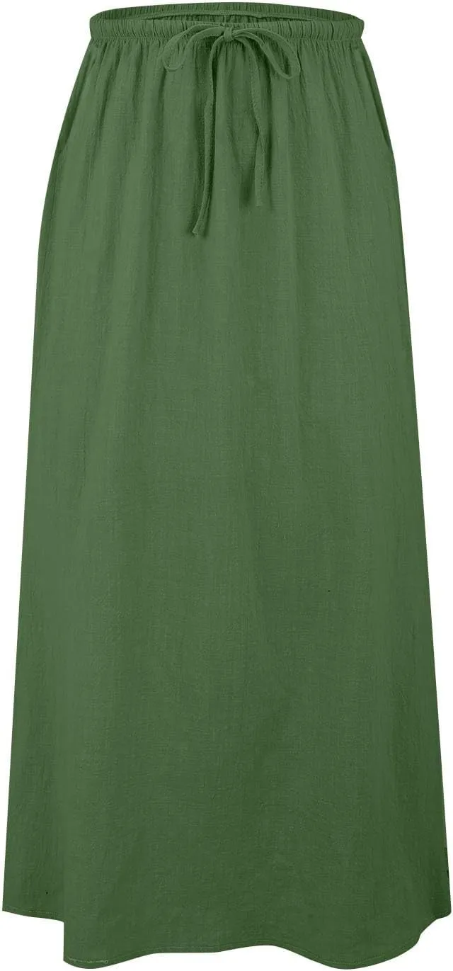 Womens Linen Maxi Skirts Drawstring Low Waist A Line Casual Skirt Cute Vacation Long Flowy Cotton Outfits with Back Slit