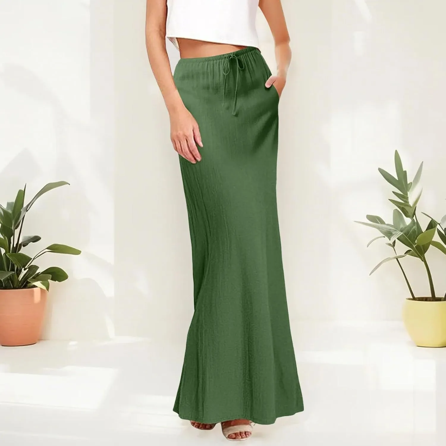 Womens Linen Maxi Skirts Drawstring Low Waist A Line Casual Skirt Cute Vacation Long Flowy Cotton Outfits with Back Slit