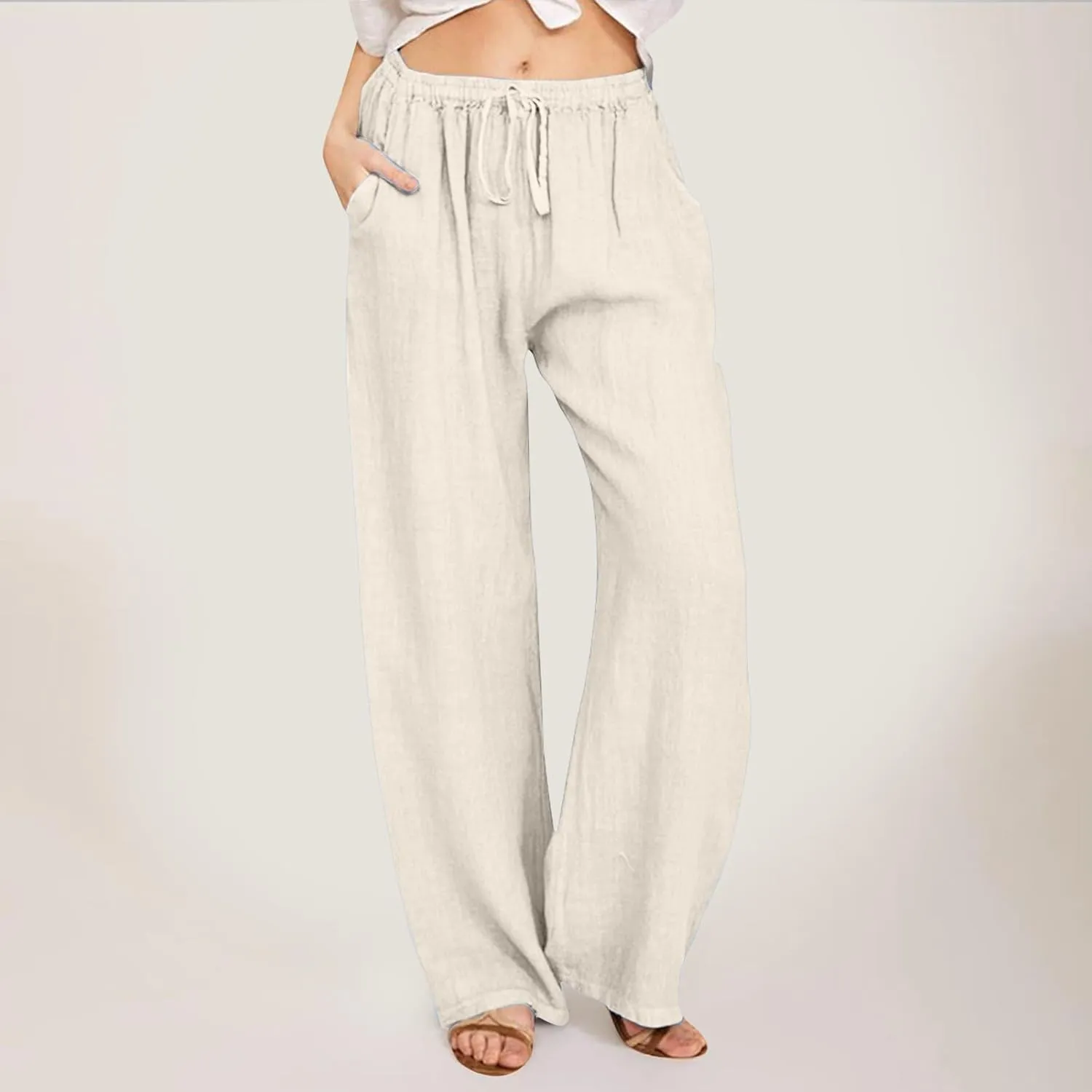 Women's Linen Pants 2025 Summer Loose High Waist Pleated Front Wide Leg Joggers Palazzo Pants Trousers with Pockets