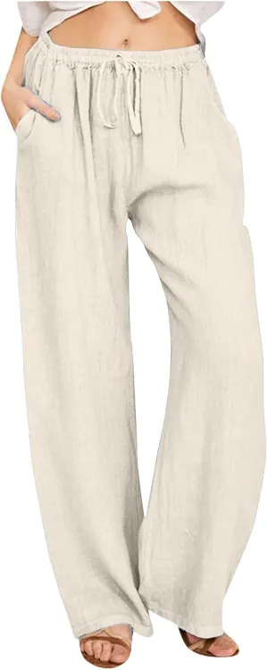 Women's Linen Pants 2025 Summer Loose High Waist Pleated Front Wide Leg Joggers Palazzo Pants Trousers with Pockets