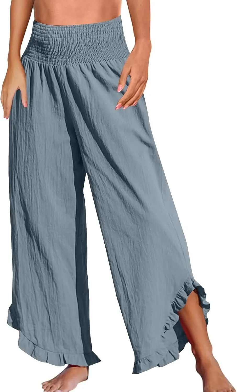 Womens Linen Pants Smocked Elastic Waist Wide Leg Pants Trendy Ruffle Hem Beach Pants Summer Lounge Pants with Pockets