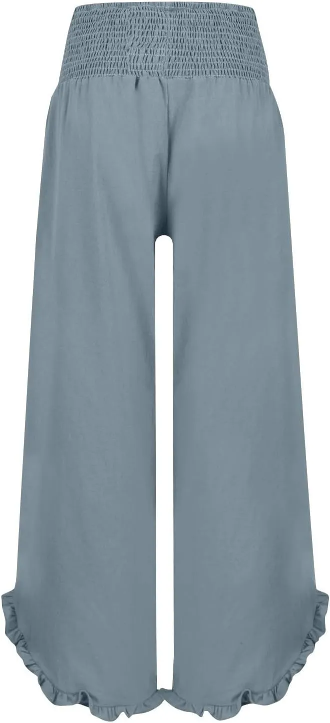 Womens Linen Pants Smocked Elastic Waist Wide Leg Pants Trendy Ruffle Hem Beach Pants Summer Lounge Pants with Pockets