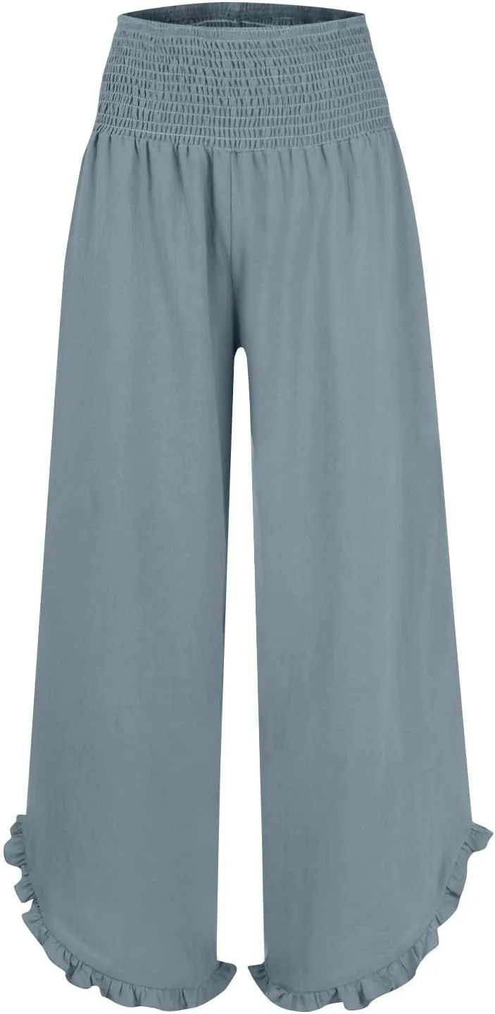 Womens Linen Pants Smocked Elastic Waist Wide Leg Pants Trendy Ruffle Hem Beach Pants Summer Lounge Pants with Pockets