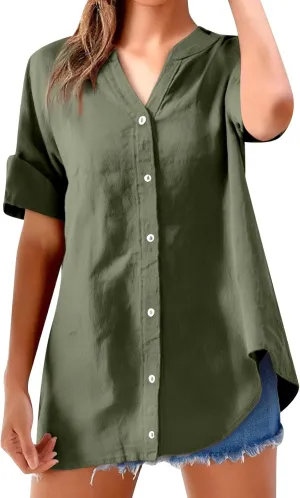 Women's Linen Shirts Summer Linen Plain Solid Long Sleeve T Shirt Casual Plus Size Henley V Neck Blouses Top
