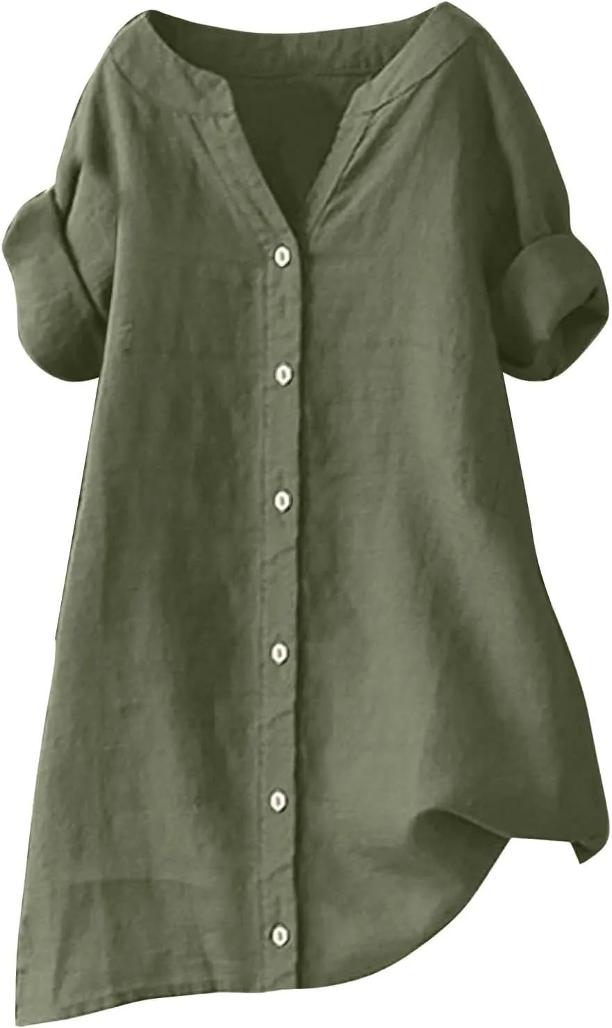 Women's Linen Shirts Summer Linen Plain Solid Long Sleeve T Shirt Casual Plus Size Henley V Neck Blouses Top