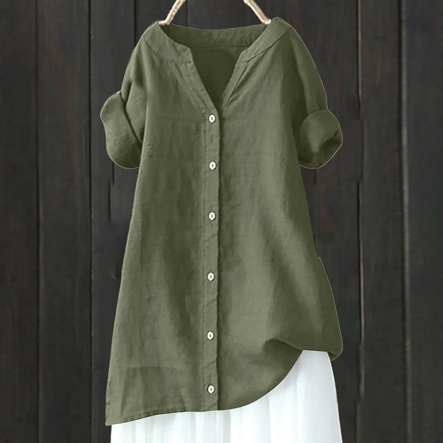 Women's Linen Shirts Summer Linen Plain Solid Long Sleeve T Shirt Casual Plus Size Henley V Neck Blouses Top
