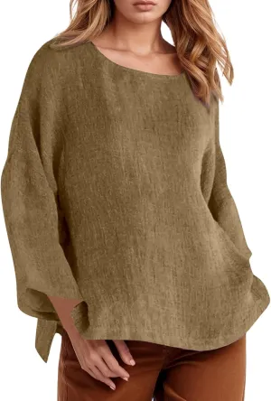 Women's Linen Shirts V Neck Button Blouse Plain Comfy Tee Top Short Sleeve Loose Fit Shirt