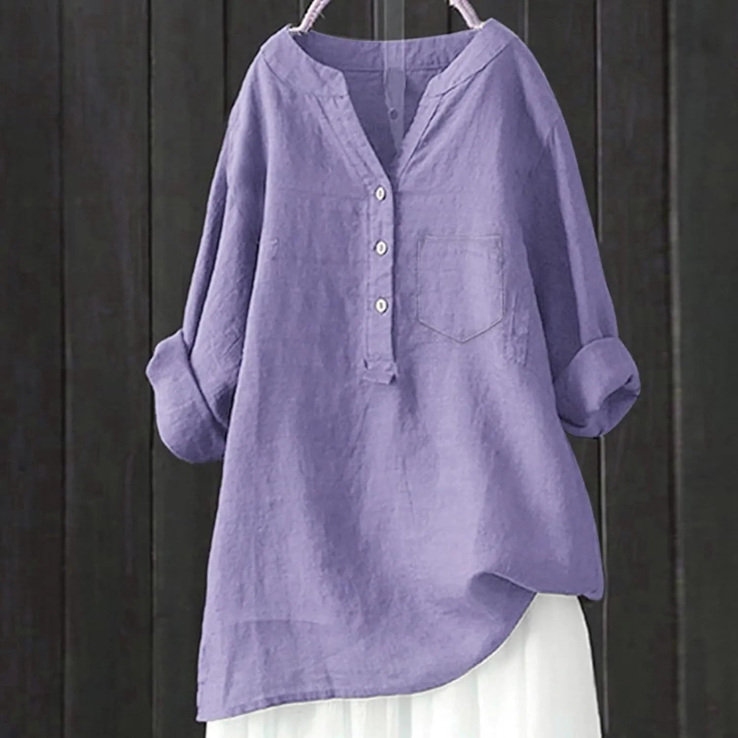 Womens Linen Shirts V Neck Button Up Blouse Solid Color Comfy Tops Long Sleeve Loose T Shirt