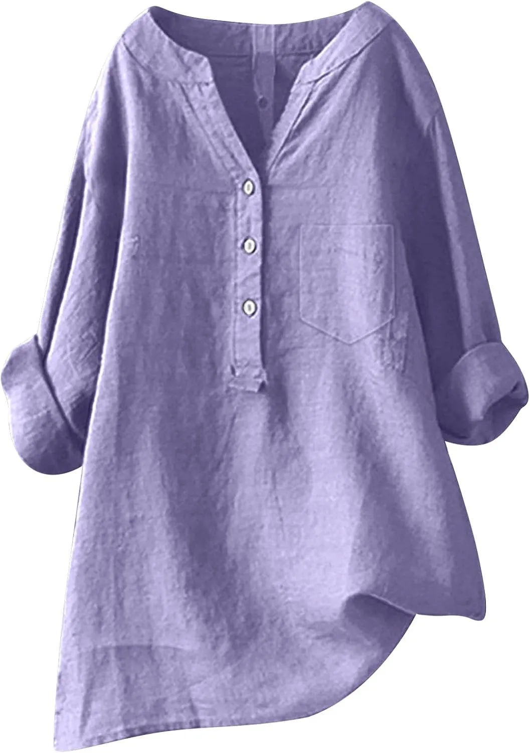 Womens Linen Shirts V Neck Button Up Blouse Solid Color Comfy Tops Long Sleeve Loose T Shirt