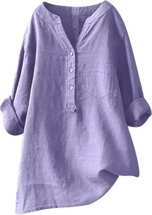Womens Linen Shirts V Neck Button Up Blouse Solid Color Comfy Tops Long Sleeve Loose T Shirt