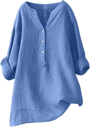 Womens Linen Shirts V Neck Buttons Blouses Floral Boho Dressy Tshirts Short Sleeve Loose Shirt