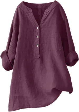 Womens Linen Shirts V Neck Buttons Blouses Floral Boho Dressy Tshirts Short Sleeve Loose Shirt