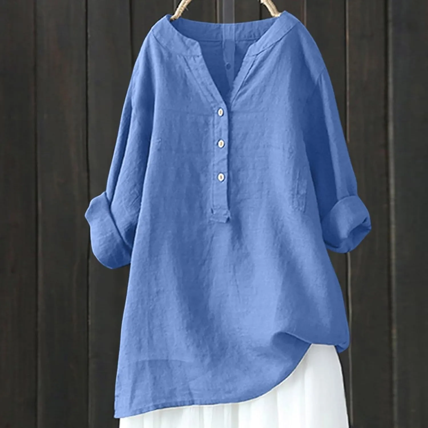 Womens Linen Shirts V Neck Buttons Blouses Floral Boho Dressy Tshirts Short Sleeve Loose Shirt