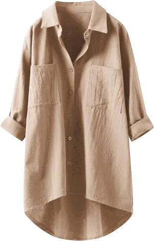 Womens Linen Shirts V Neck Buttons Blouses Solid Color Oversized Tops Short Sleeve Loose Fit Tunic Top