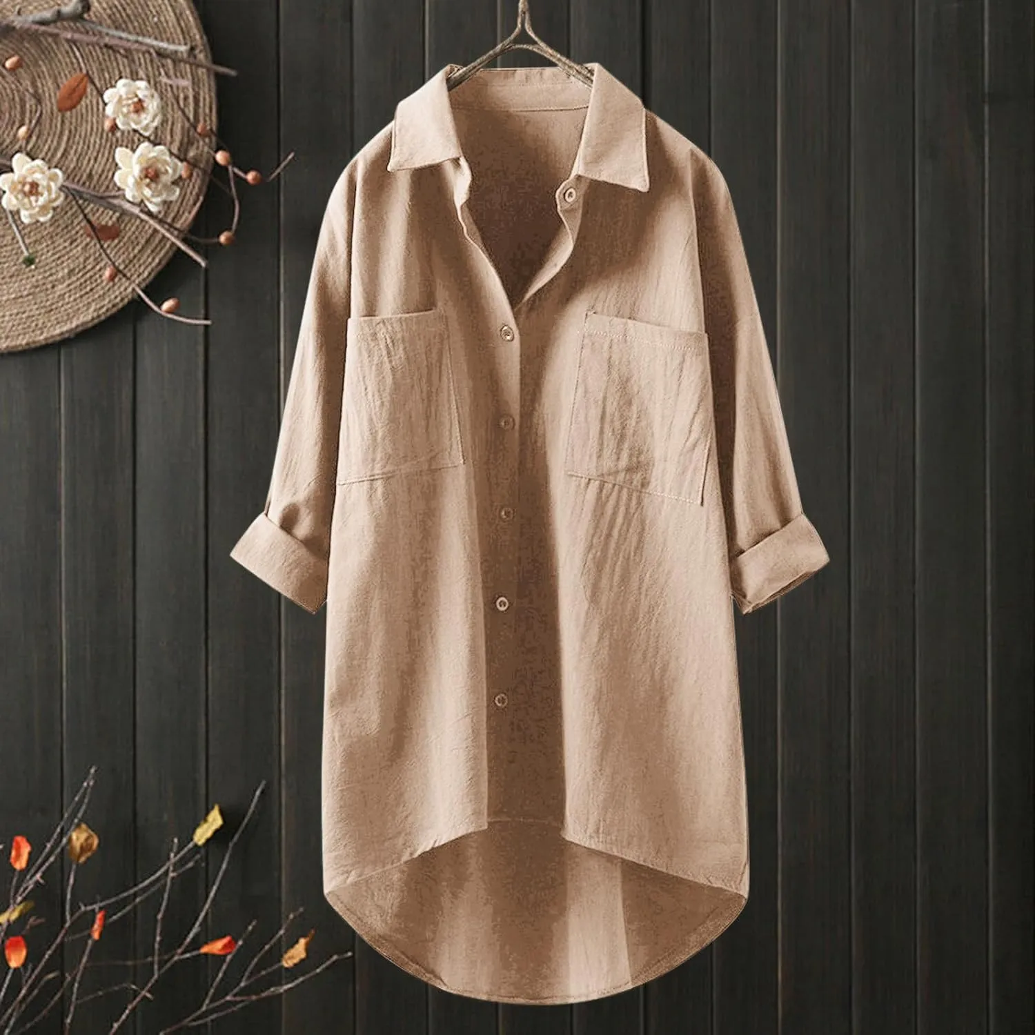 Womens Linen Shirts V Neck Buttons Blouses Solid Color Oversized Tops Short Sleeve Loose Fit Tunic Top