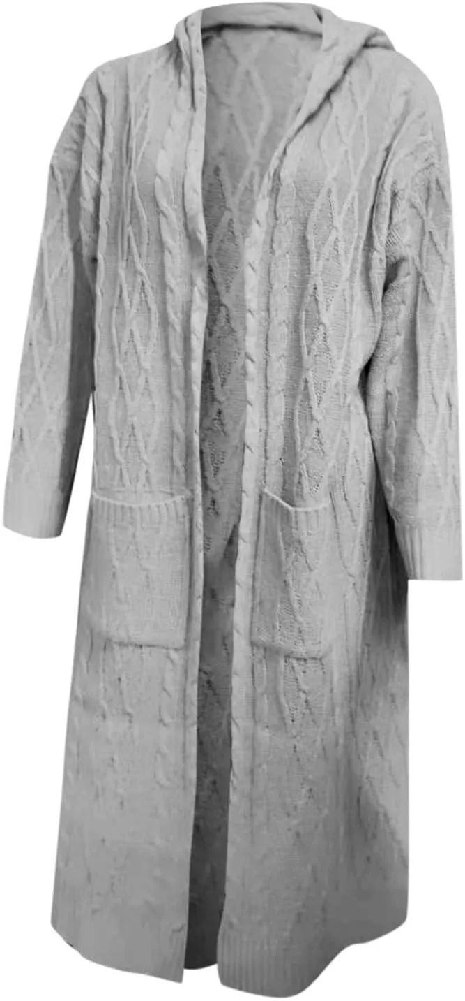 Women's Long Cardigan Hoodies Cable Knit Casual Open Front Sweater Long Sleeve Winter Warm Hooded Outwear with Pocket