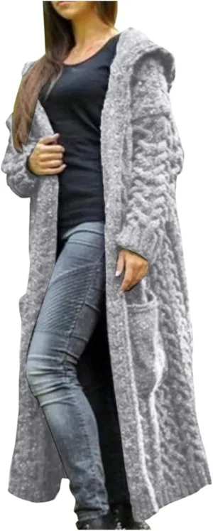 Women's Long Cardigan Hoodies Cable Knit Casual Open Front Sweater Long Sleeve Winter Warm Hooded Outwear with Pocket