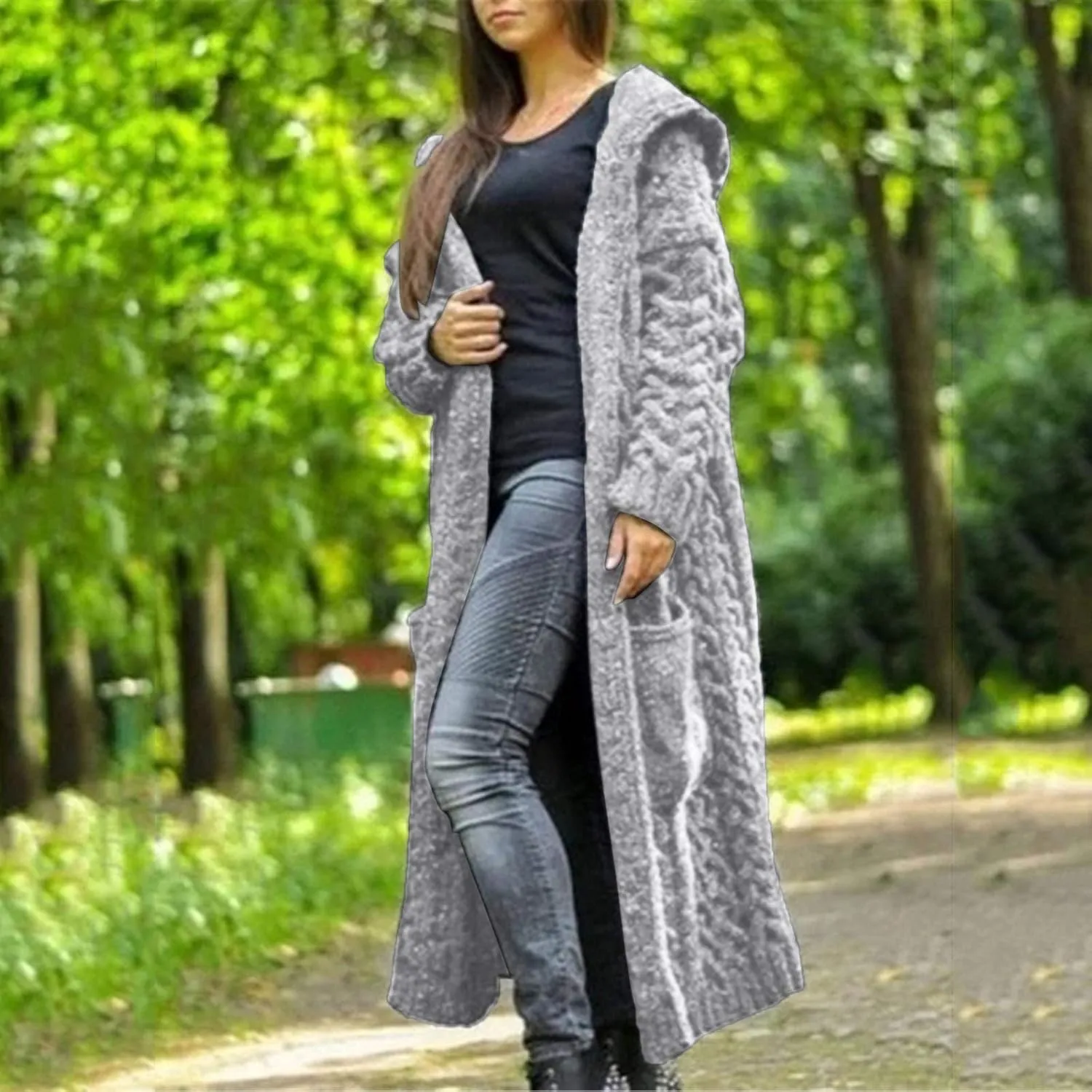 Women's Long Cardigan Hoodies Cable Knit Casual Open Front Sweater Long Sleeve Winter Warm Hooded Outwear with Pocket