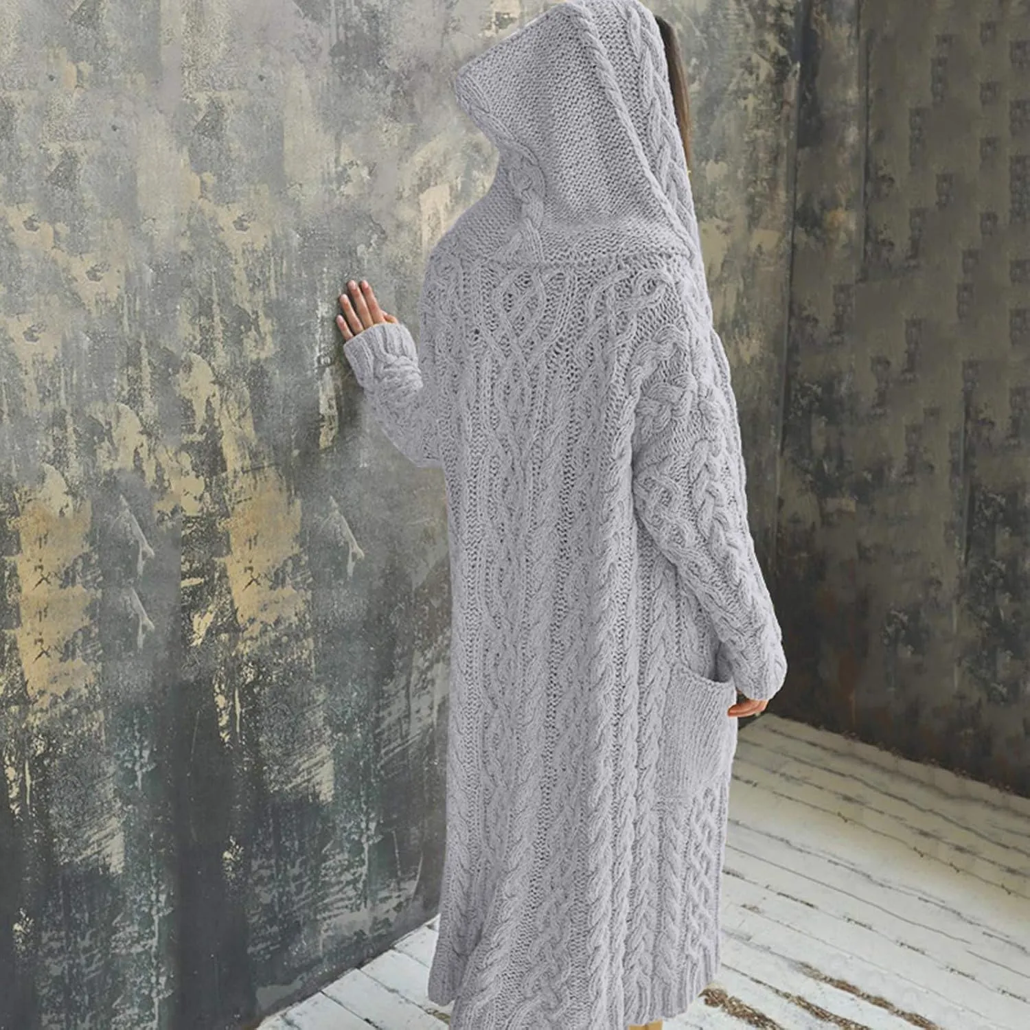 Women's Long Cardigan Hoodies Cable Knit Casual Open Front Sweater Long Sleeve Winter Warm Hooded Outwear with Pocket