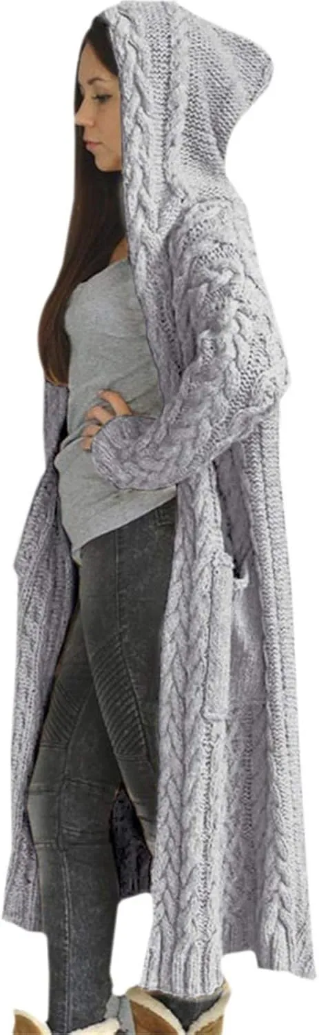 Women's Long Cardigan Hoodies Cable Knit Casual Open Front Sweater Long Sleeve Winter Warm Hooded Outwear with Pocket