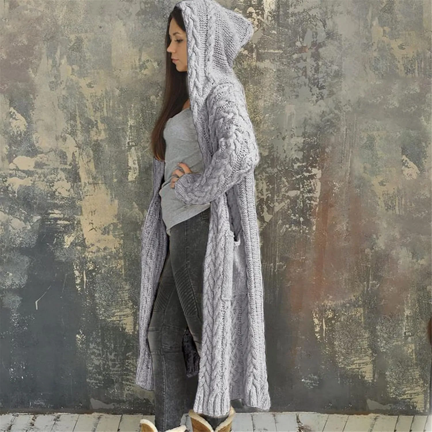 Women's Long Cardigan Hoodies Cable Knit Casual Open Front Sweater Long Sleeve Winter Warm Hooded Outwear with Pocket