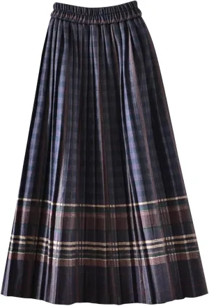 Womens Long Plaid Wool Skirt A line Flared Pleat Wool Tartan Skirt Winter Fall Warm High Elastic Waist Maxi Skirts