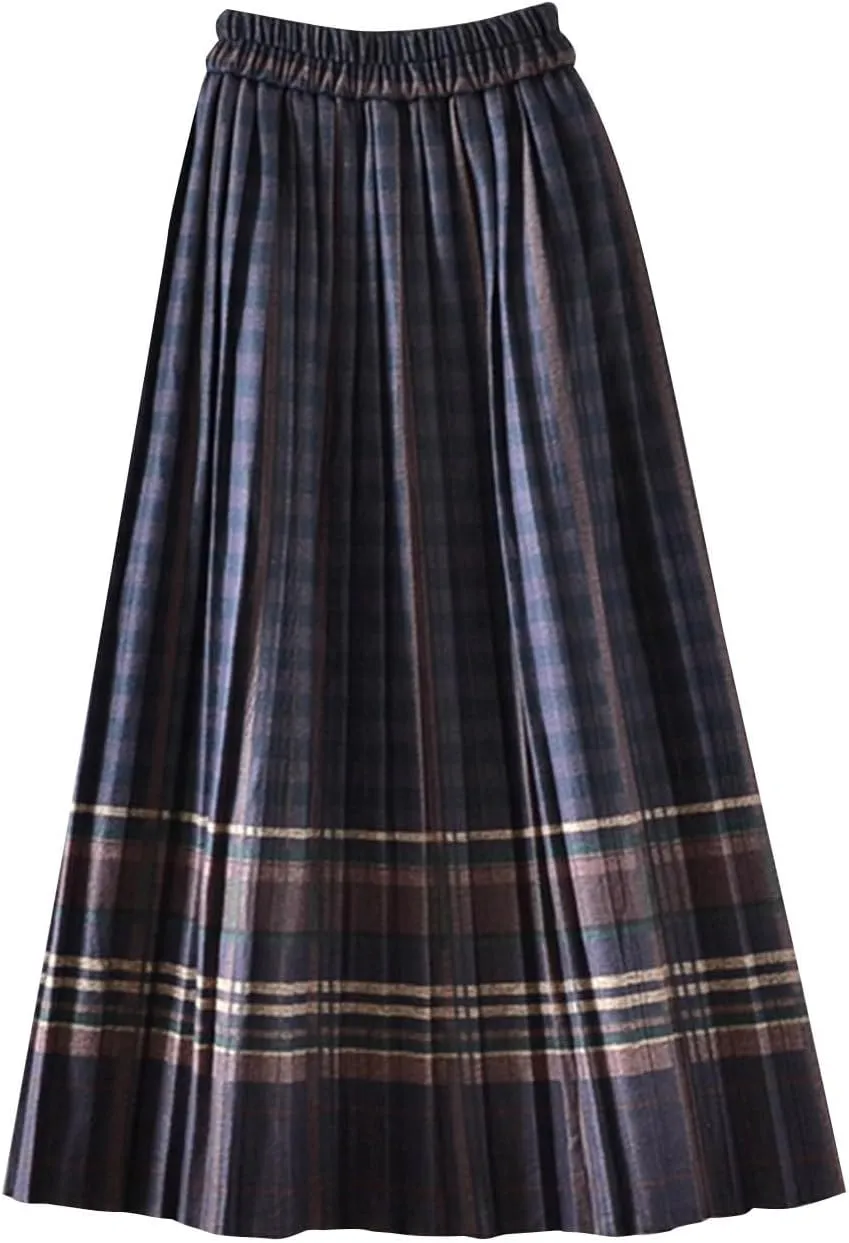 Womens Long Plaid Wool Skirt A line Flared Pleat Wool Tartan Skirt Winter Fall Warm High Elastic Waist Maxi Skirts