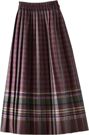 Womens Long Plaid Wool Skirt A line Flared Pleat Wool Tartan Skirt Winter Fall Warm High Elastic Waist Maxi Skirts