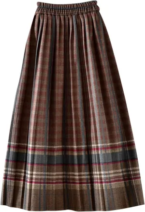 Womens Long Plaid Wool Skirt A line Flared Pleat Wool Tartan Skirt Winter Fall Warm High Elastic Waist Maxi Skirts