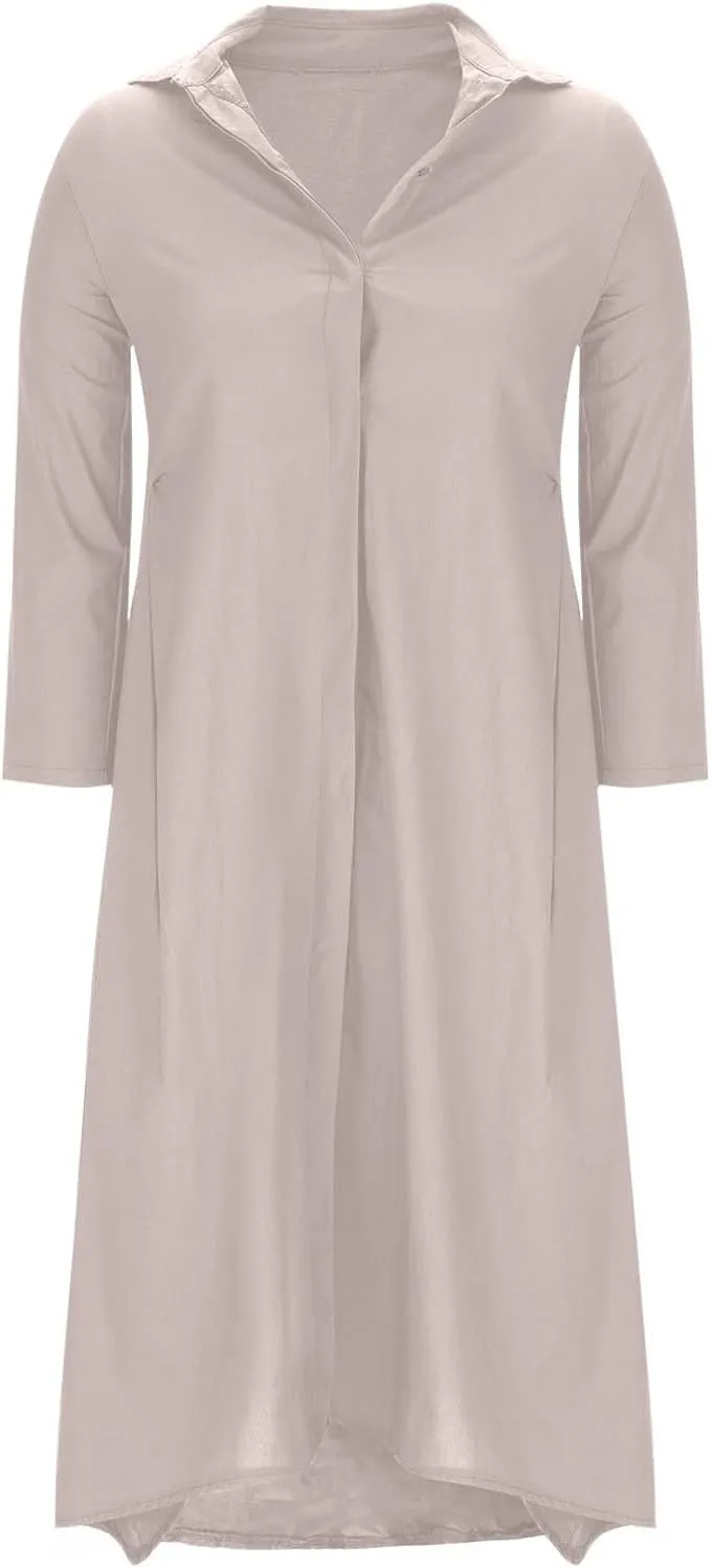 Womens Long Sleeve Button Down Shirts Dress Casual Linen Oversized Maxi Shift Dress Fashion Flowy High Low Hem Dress